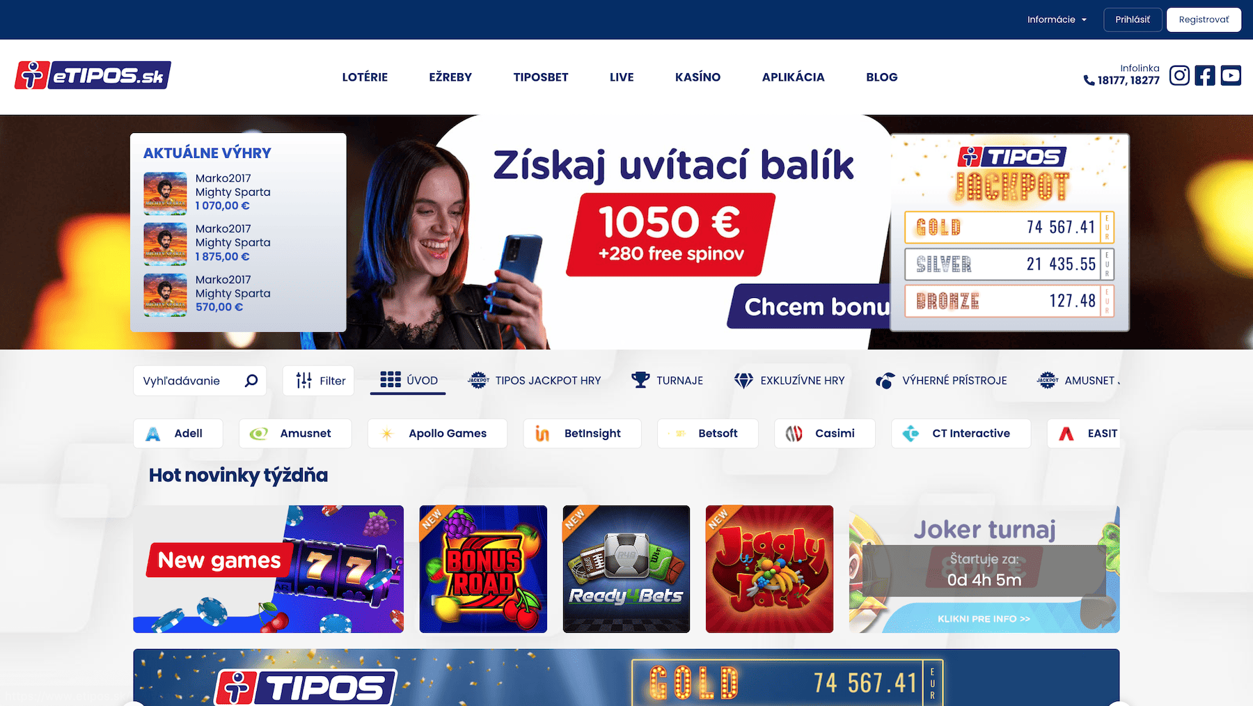 Ukážka lobby online kasína eTIPOS.sk - júl 2023