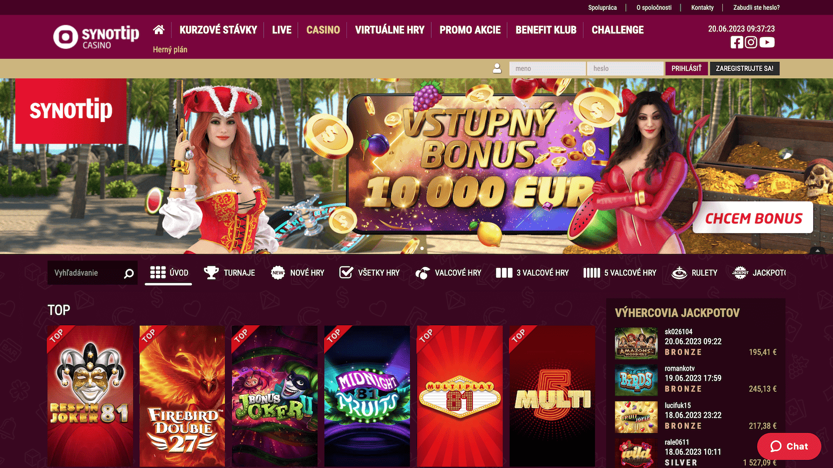 SYNOT TIP online casino - ukážka lobby