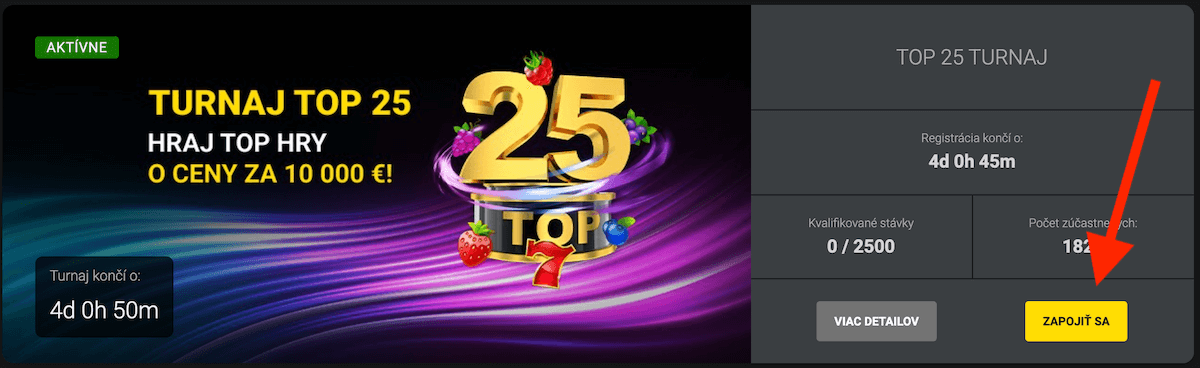 Registrácia do TOP 25 turnaja - Fortuna Casino