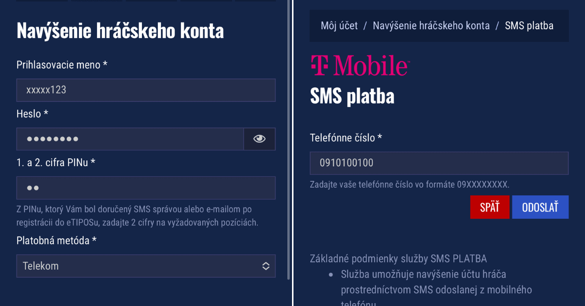 Vklad cez SMS do eTIPOS.sk kasína