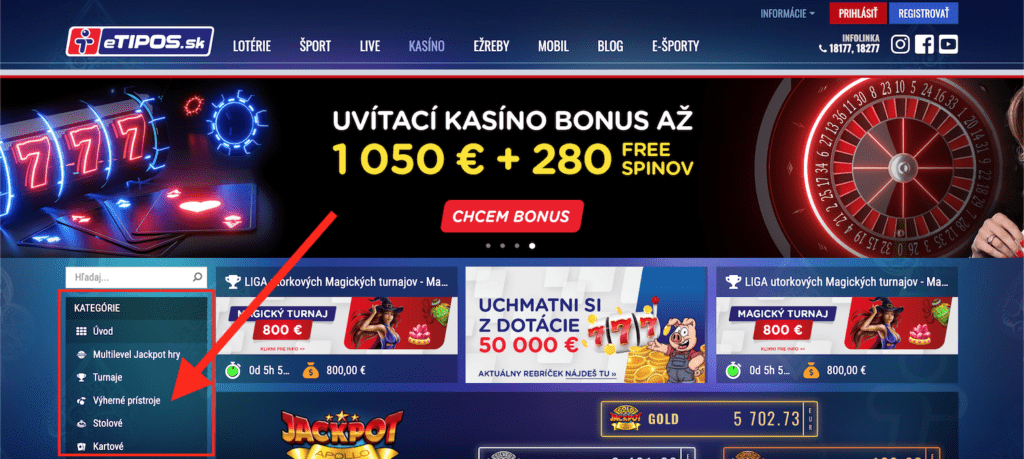 Filter casino hier v kasíne eTIPOS.sk