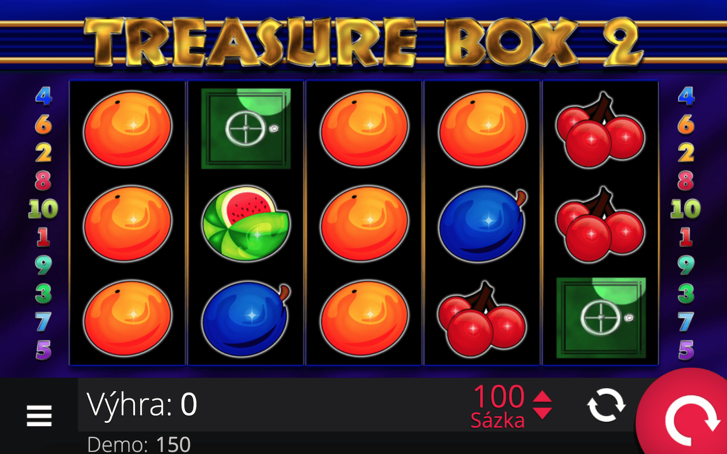 Automat Treasure Box 2 od e-gaming - ukážka valcov, symbol Trezor
