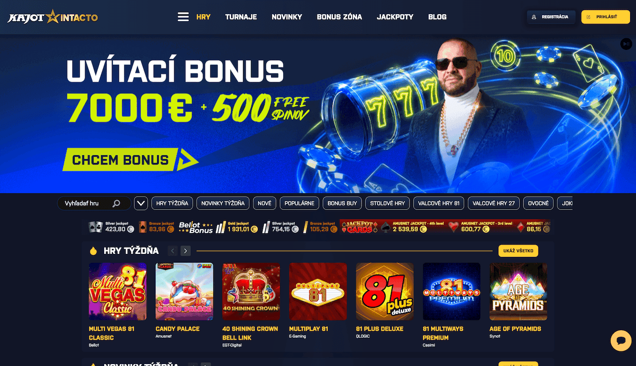 Ukážka lobby online casina Kajot Intacto (september 2026)