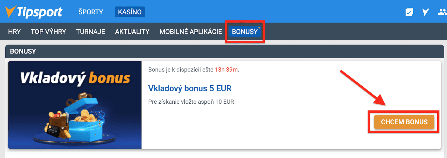 5 Eur bonus ku vkladu v Tipsport kasíne - ako aktivovať bonus