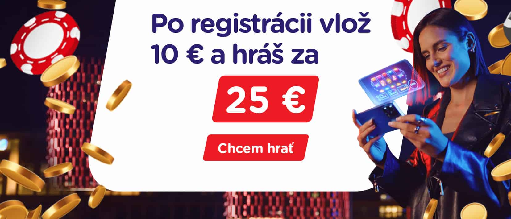 Registračný bonus Vlož 10 Eur a hraj za 25 Eur v eTIPOS kasíno - slider banner