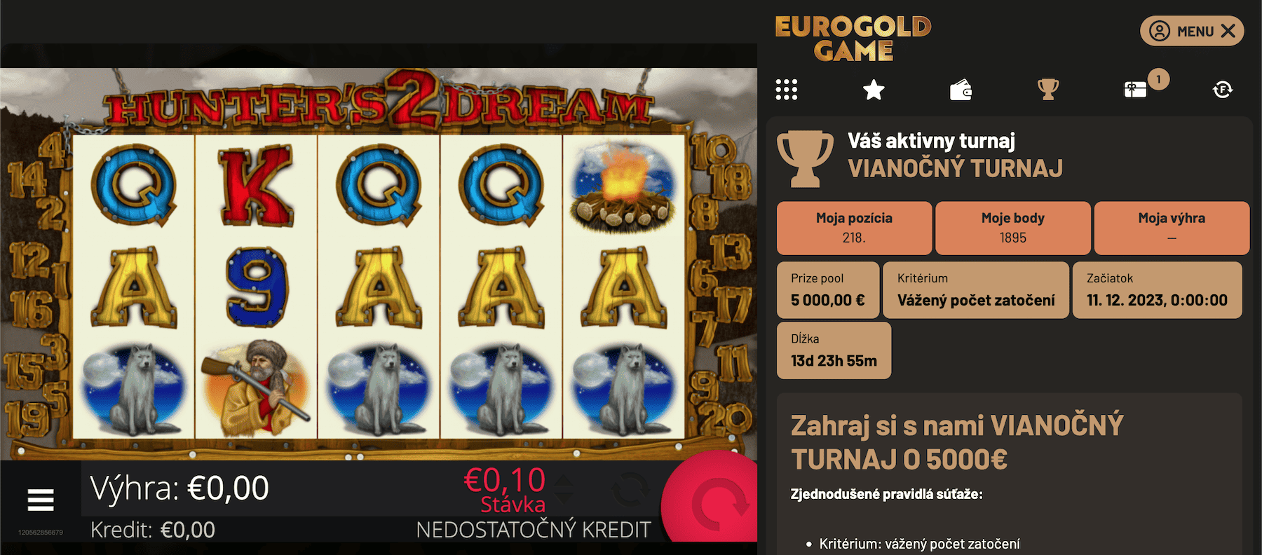 Vianočný turnaj o 5000 € v Eurogold casino - in-game menu detail