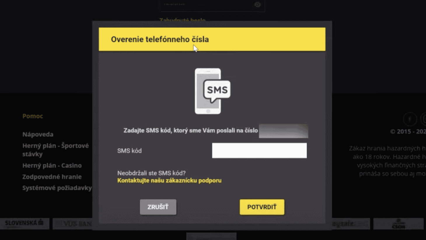 Fortuna registrácia - overenie telefónneho čísla