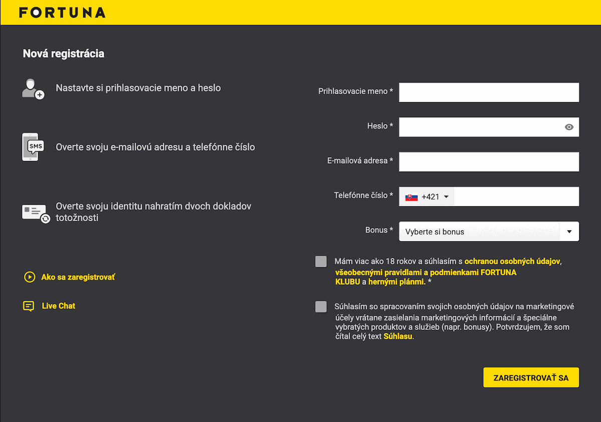 Fortuna registračný formulár