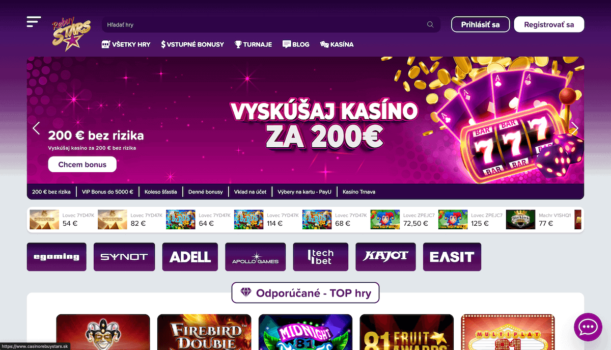 Ukážka lobby Rebuy Stars kasína (apríl 2026)